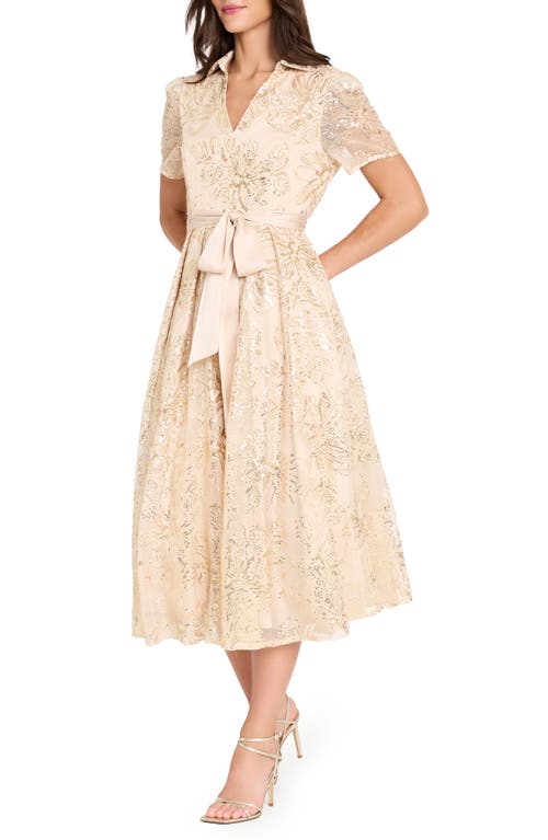 Tahari Asl Sequin Tie Waist Midi Dress In Gold