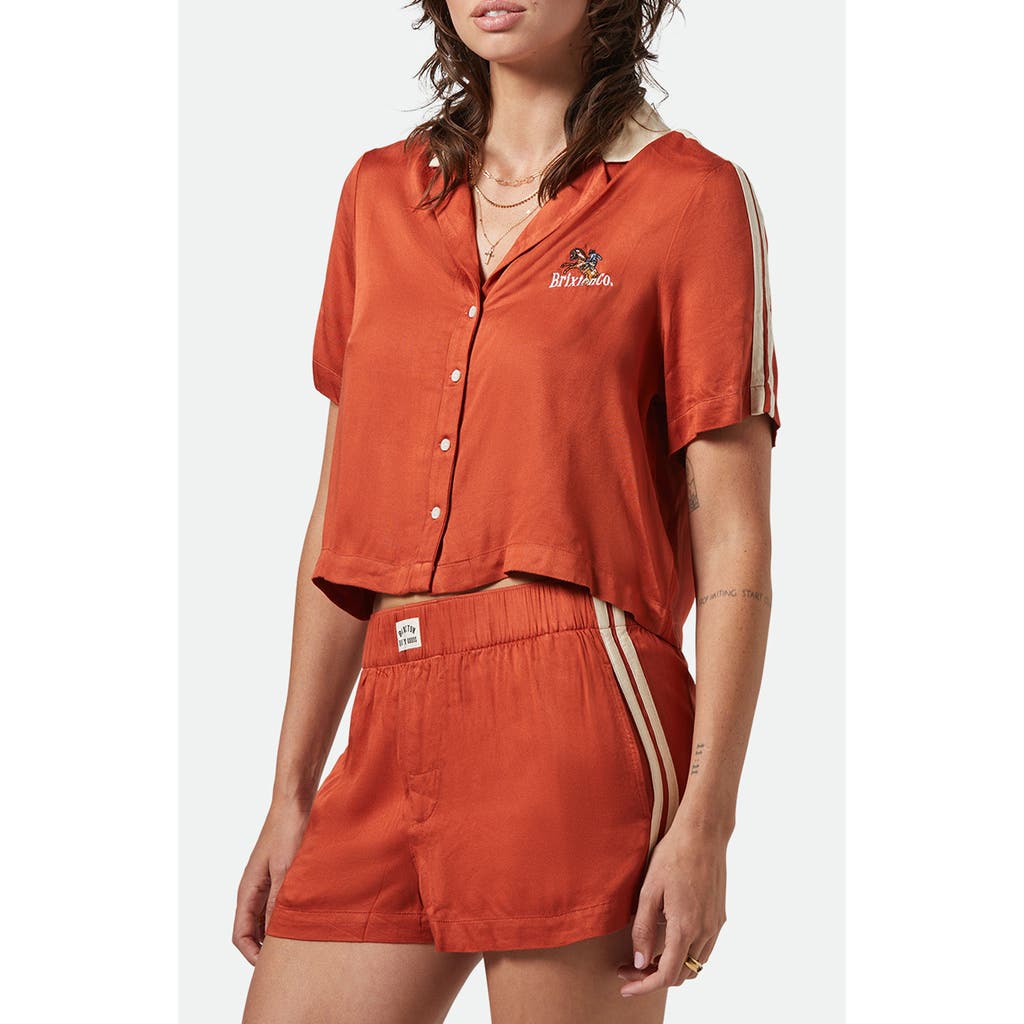 Brixton Crop Satin Bowling Shirt In Orange