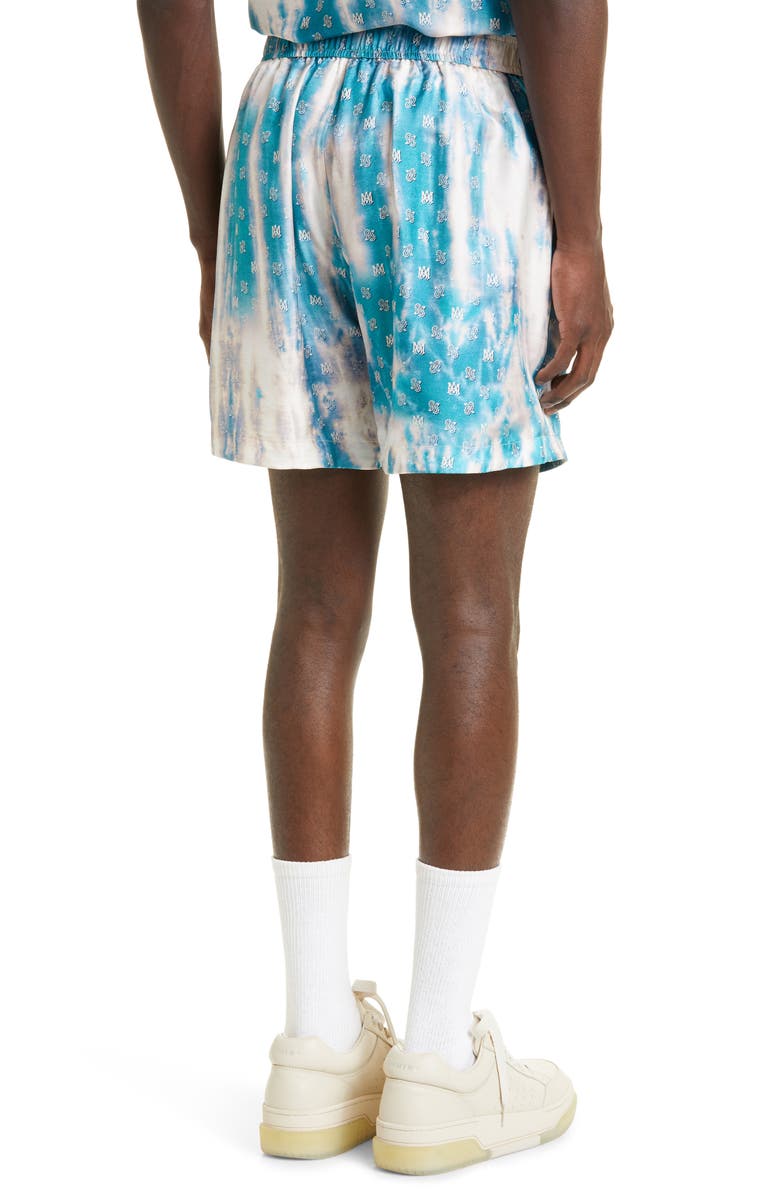 AMIRI Bleach Tie Dye Bandana Logo Print Silk Shorts, Alternate, color,