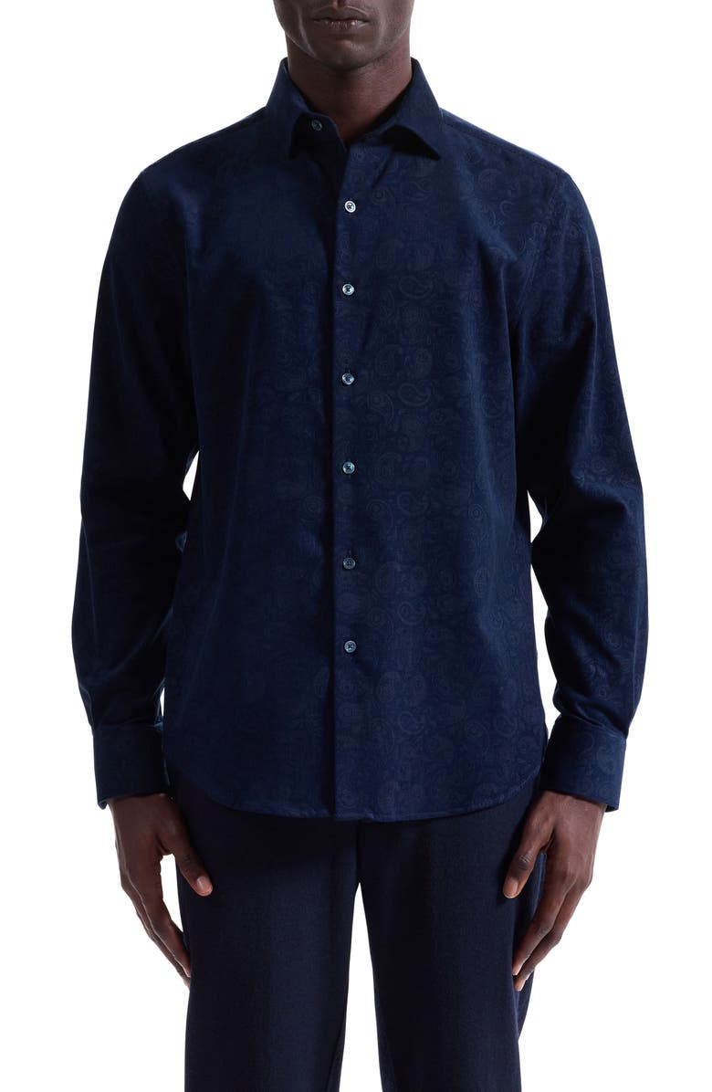 Bugatchi Axel Trim Fit Paisley Cotton Corduroy Button-Up Shirt, Main, color, Navy