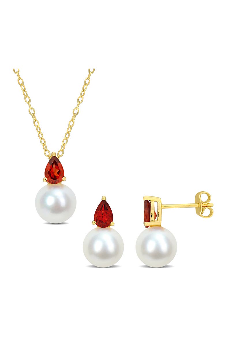 Garnet & Freshwater Pearl Stud Earrings & Pendant Necklace Set, Main, color, RED