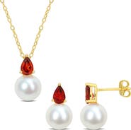 DELMAR Garnet & Freshwater Pearl Stud Earrings & Pendant Necklace Set