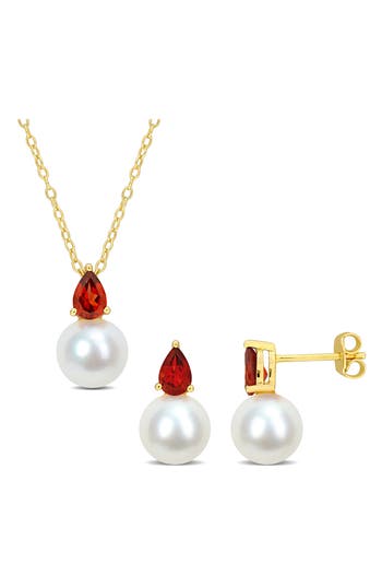 Delmar Garnet & Freshwater Pearl Stud Earrings & Pendant Necklace Set