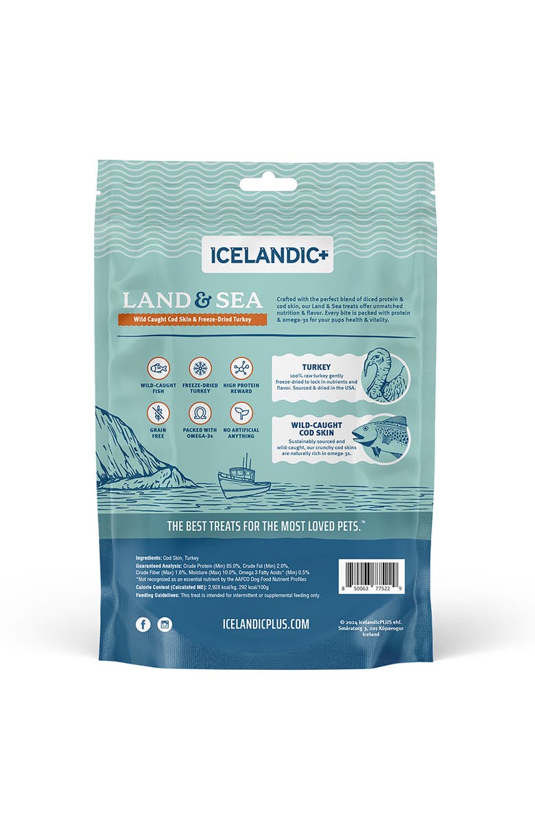 ICELANDIC+ Land 
Sea Wild Caught Cod Skin 
Freezedried Turkey 2.4Oz Bag, Alternate, color, Multicolored