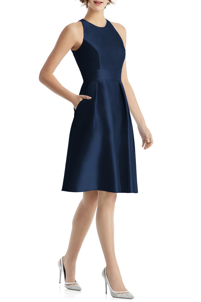 Jewel Neck Satin Cocktail Dress, Main, color, MIDNIGHT