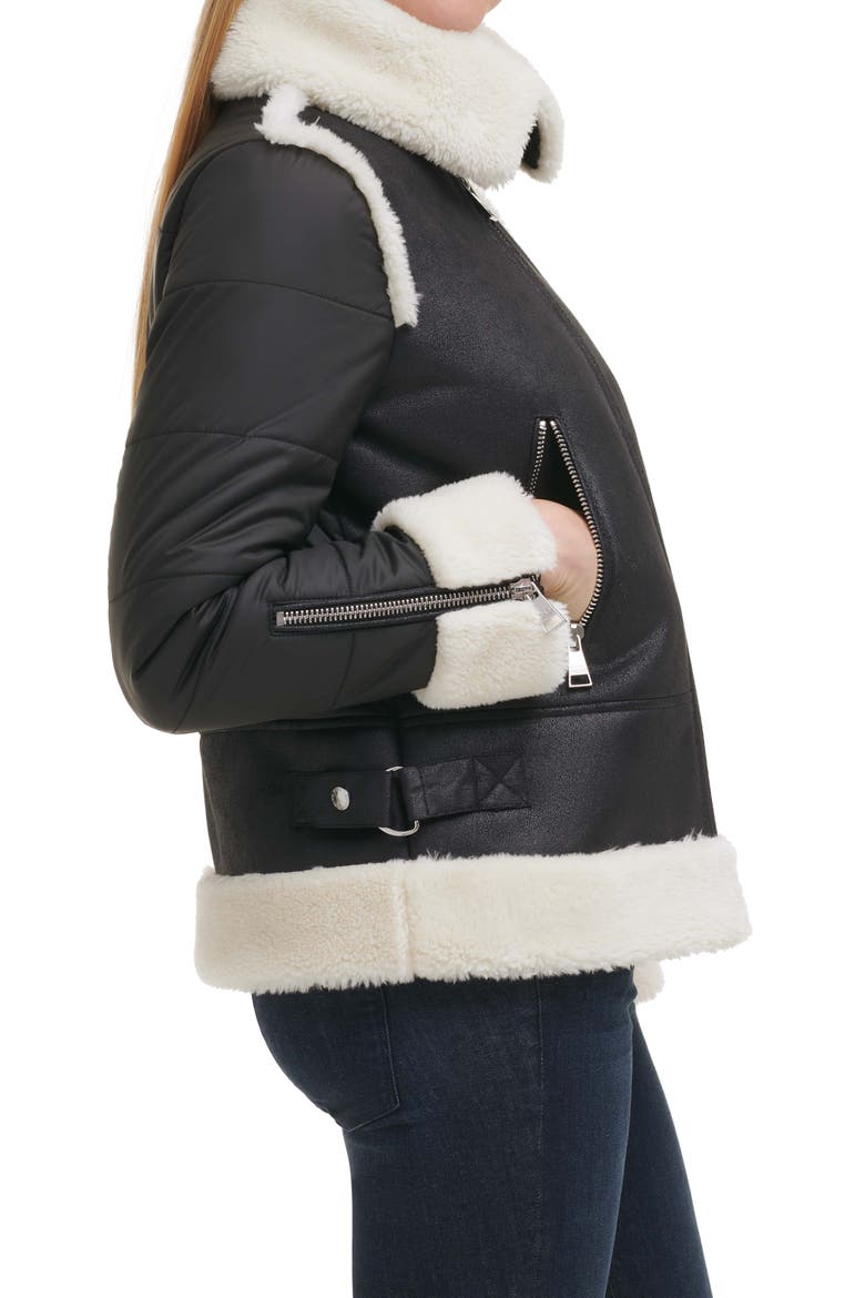 Mixed Media Faux Leather & Faux Shearling Jacket, Alternate, color, BLACK