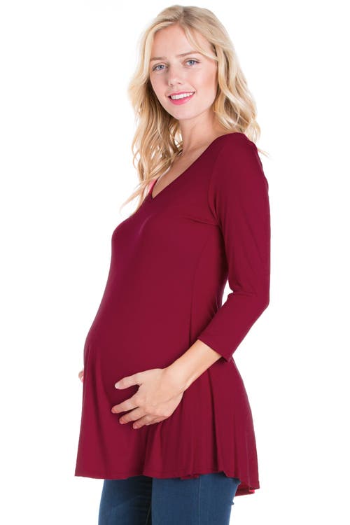 24seven Comfort Apparel Three Quarter Sleeve V-neck Maternity Tunic Top In Burgundy