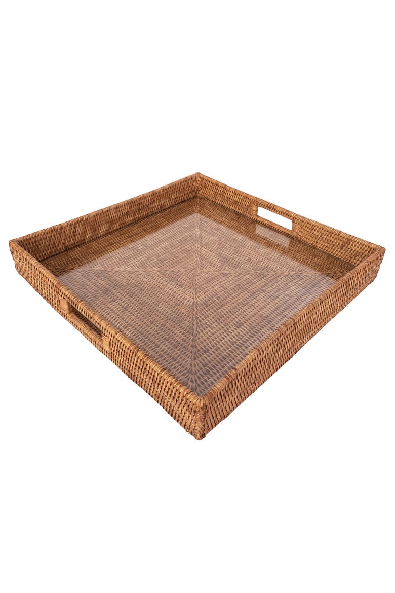 Artifacts Rattan Square Serving Ottoman Trays with Glass Insert, Main, color, Honey Brown