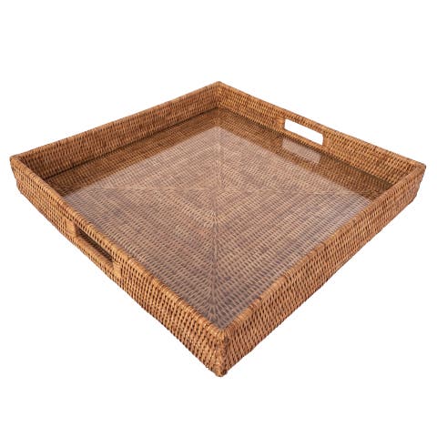 Artifacts Rattan Square Serving Ottoman Trays with Glass Insert