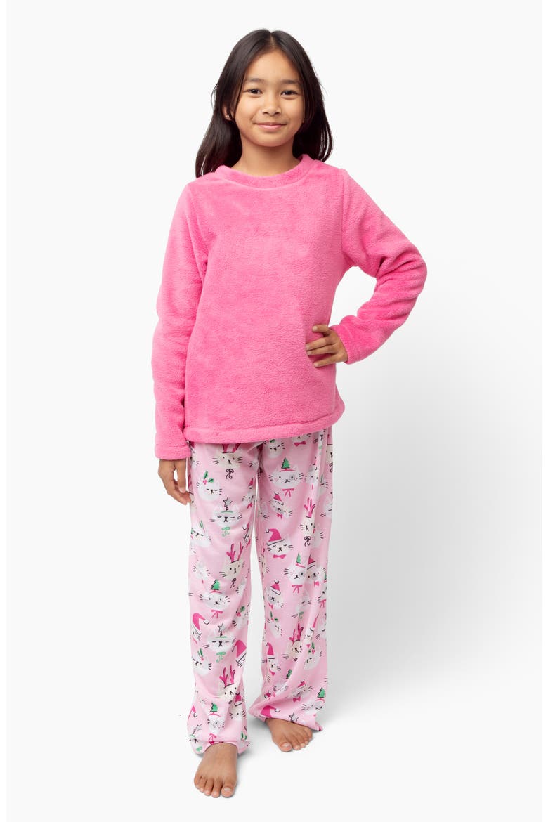 Kids' Holiday Cats Plush Pajamas, Alternate, color, PINK