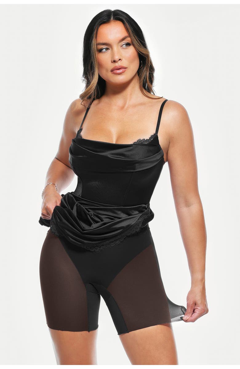 Popilush Lace Trim Sculpting Floral-Print Midi Dress, Alternate, color, Classic Black