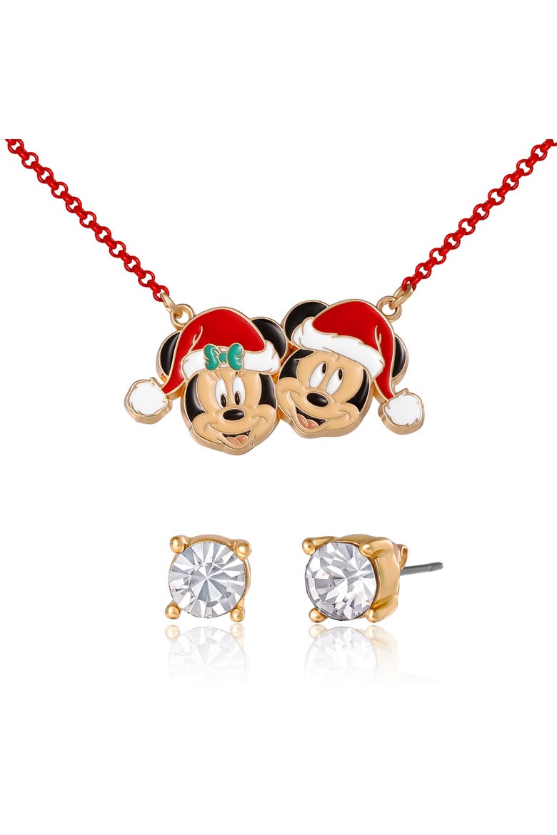 Mickey and Minnie Mouse Santa Necklace and Stud Earrings Set, Main, color, Multi