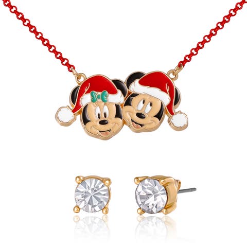 Mickey and Minnie Mouse Santa Necklace and Stud Earrings Set