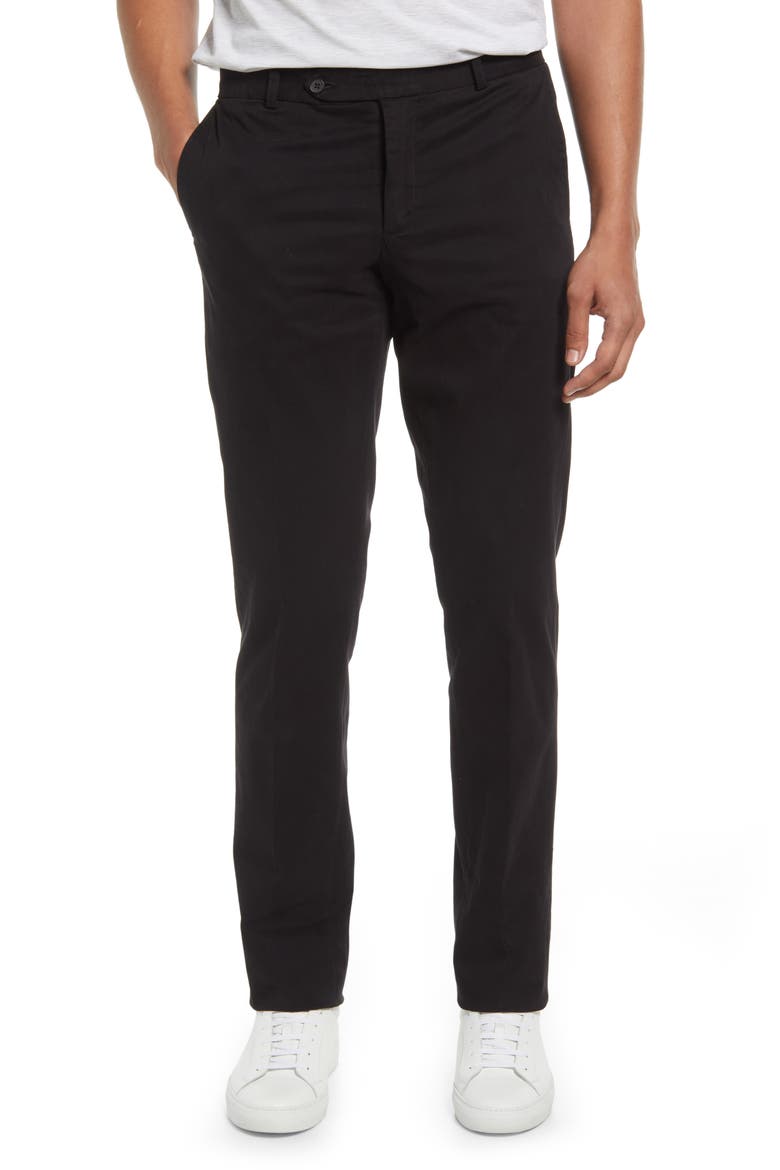 Trim Straight Leg Stretch Flat Front Chino Trousers, Main, color, BLACK