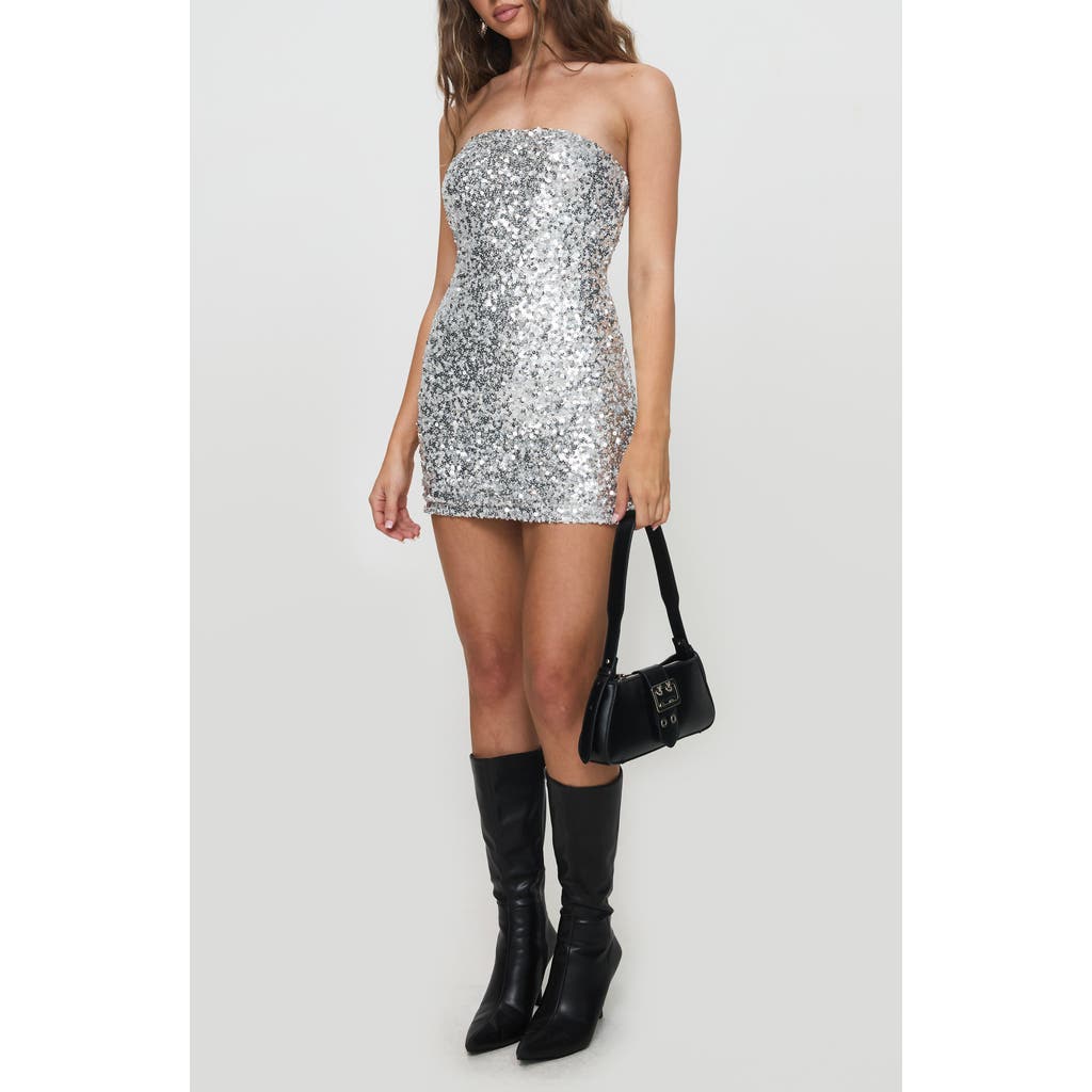 Princess Polly Tedesco Sequin Strapless Minidress In Silver