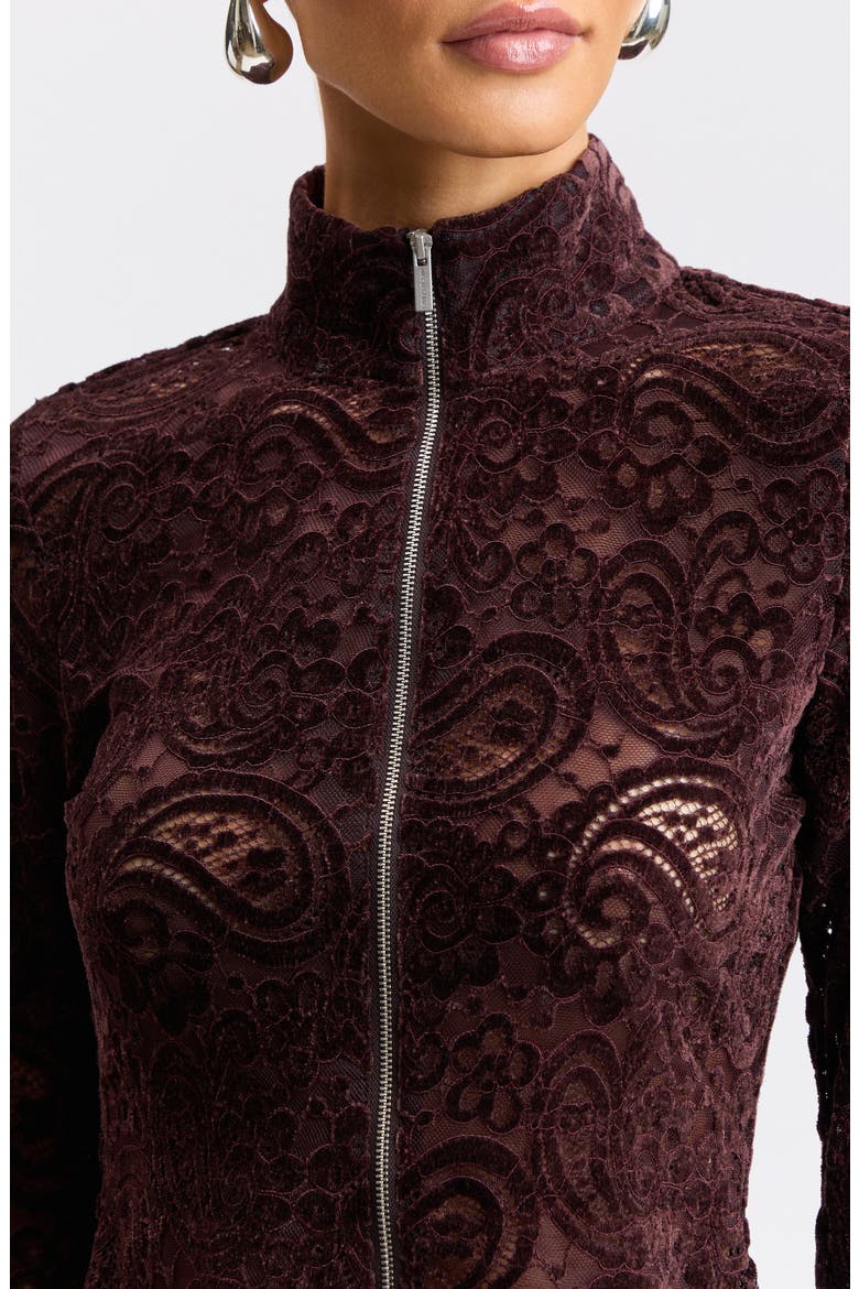 Chenille Lace Zip Front Top, Alternate, color, BROWN