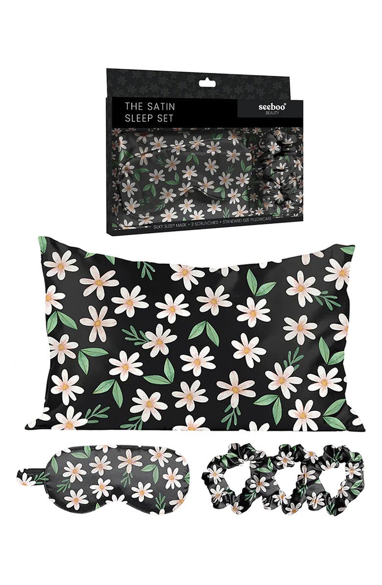 Luxury Home Satin Sleep 5-Piece Set, Alternate, color, Flower/ Black