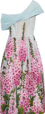 Oscar de la Renta Foxglove Print Off the Shoulder Organza Dress