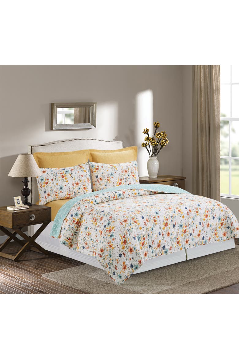 Sheila Spring Floral Cotton Quilt Set  - Reversible and Machine Washable, Alternate, color, Yellow