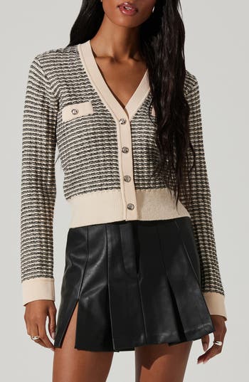 Astr Ellory Cream And Black Striped Button-front Cardigan Sweater In Multi