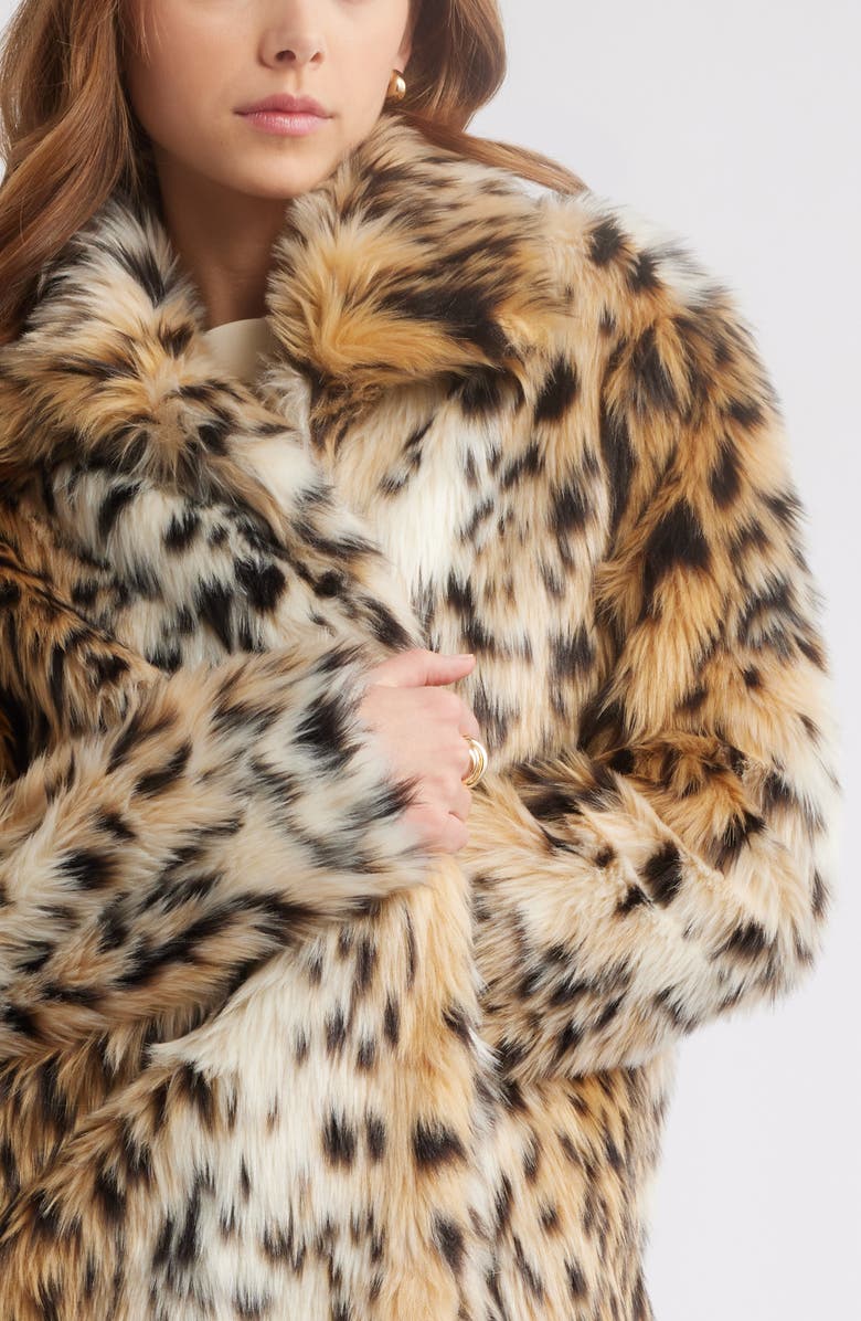 Open Edit Leopard Faux Fur Longline Coat, Alternate, color, 