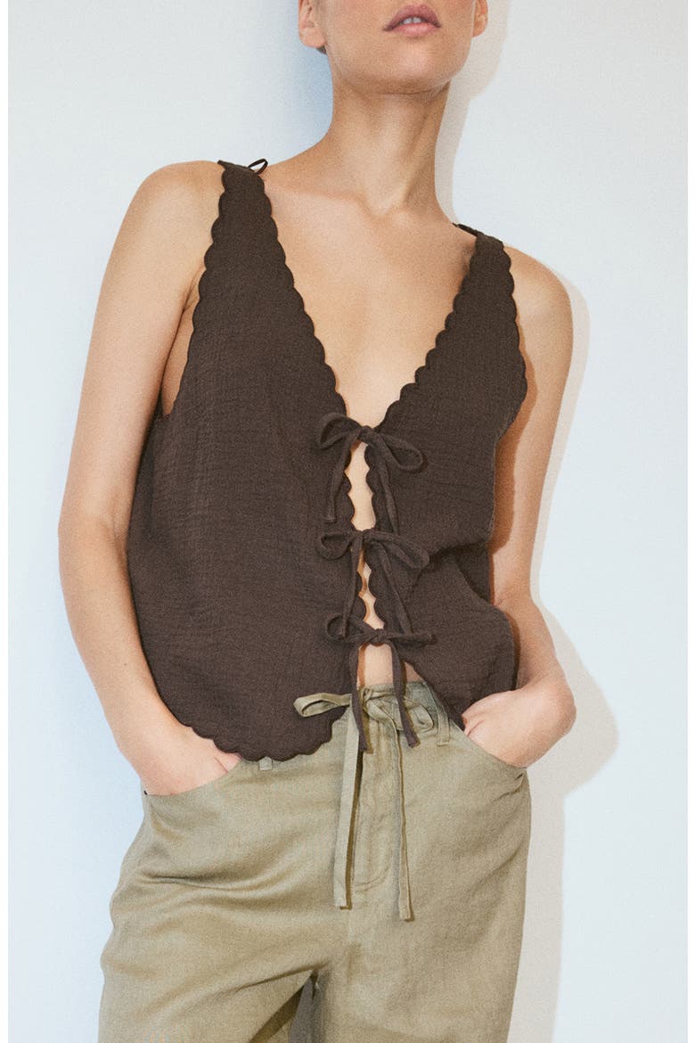 Scalloped Double Gauze Tie Front Top, Main, color, CHOCOLATE