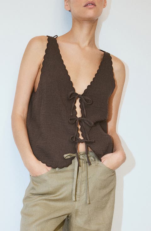 Scalloped Double Gauze Tie Front Top