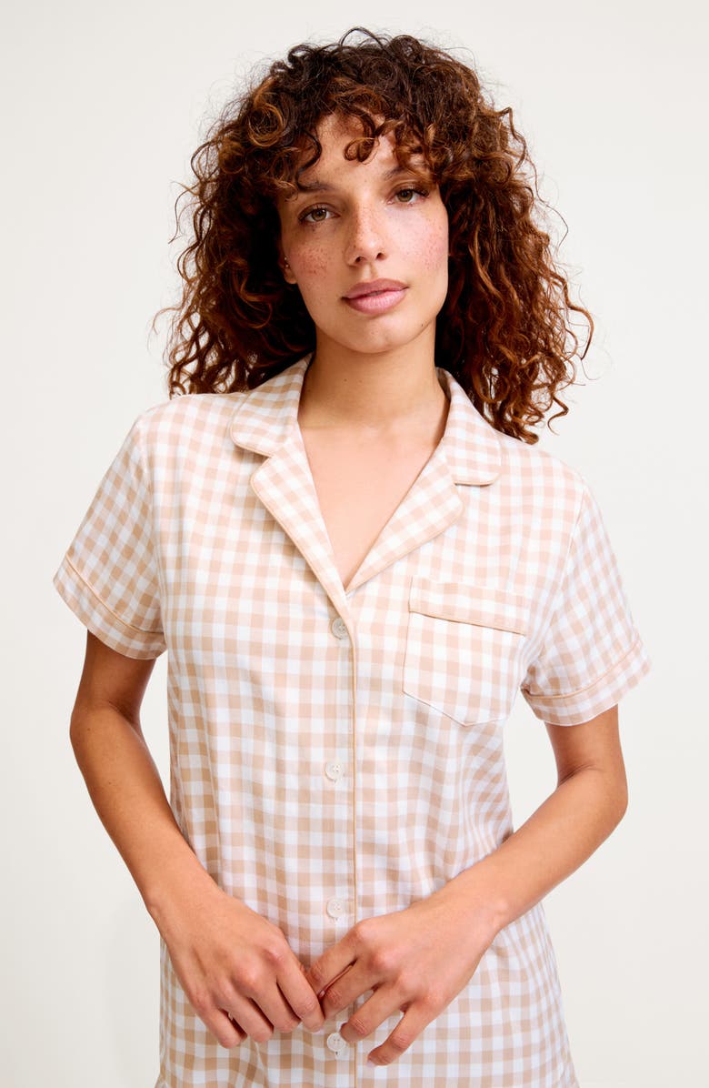 Petite Plume Gingham Cotton Short Pajamas, Alternate, color, Beige
