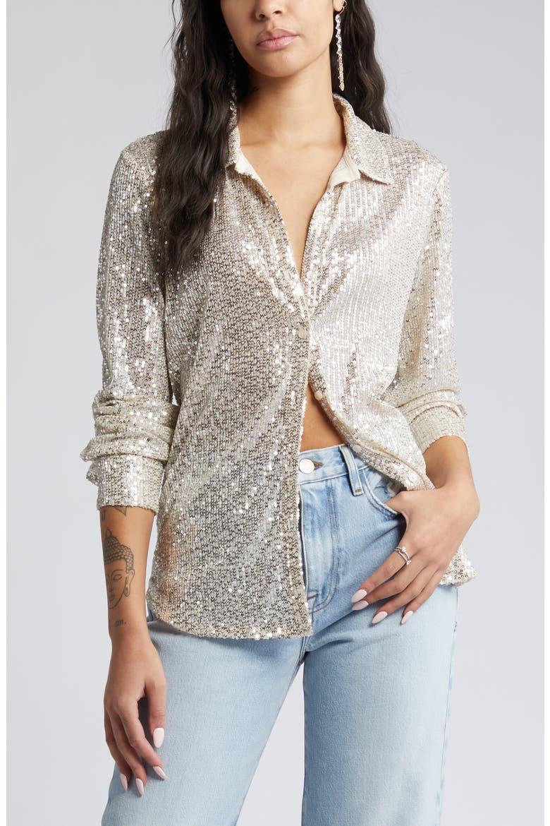 Sequin Button-Up Shirt, Main, color, SILVER