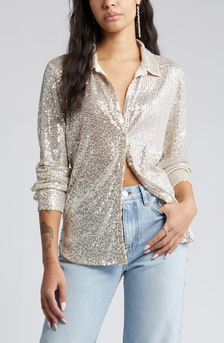 Open Edit Sequin Button-Up Shirt, Main, color,