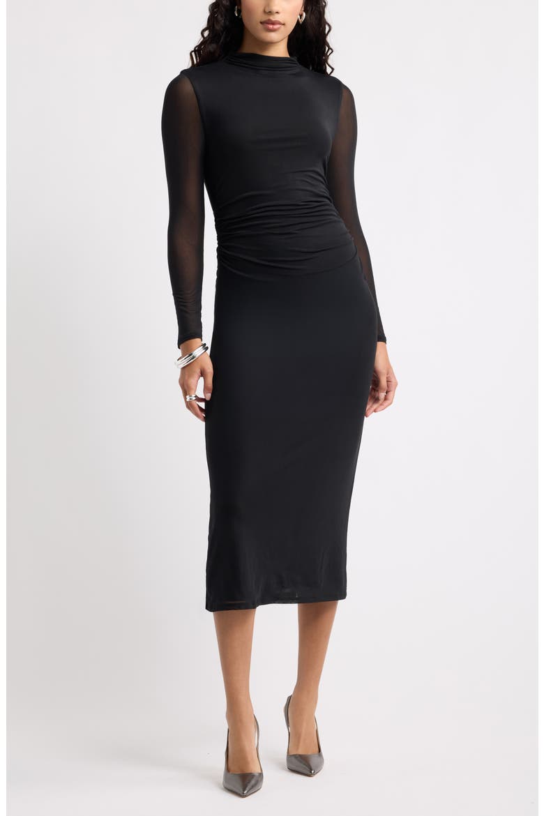 Mock Neck Long Sleeve Mesh Midi Dress, Main, color, BLACK