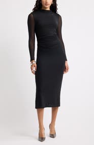 Open Edit Mock Neck Long Sleeve Mesh Midi Dress
