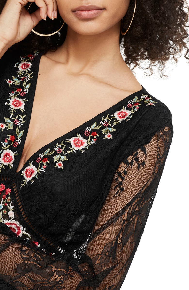 Topshop Embroidered Lace Dress, Alternate, color, Black