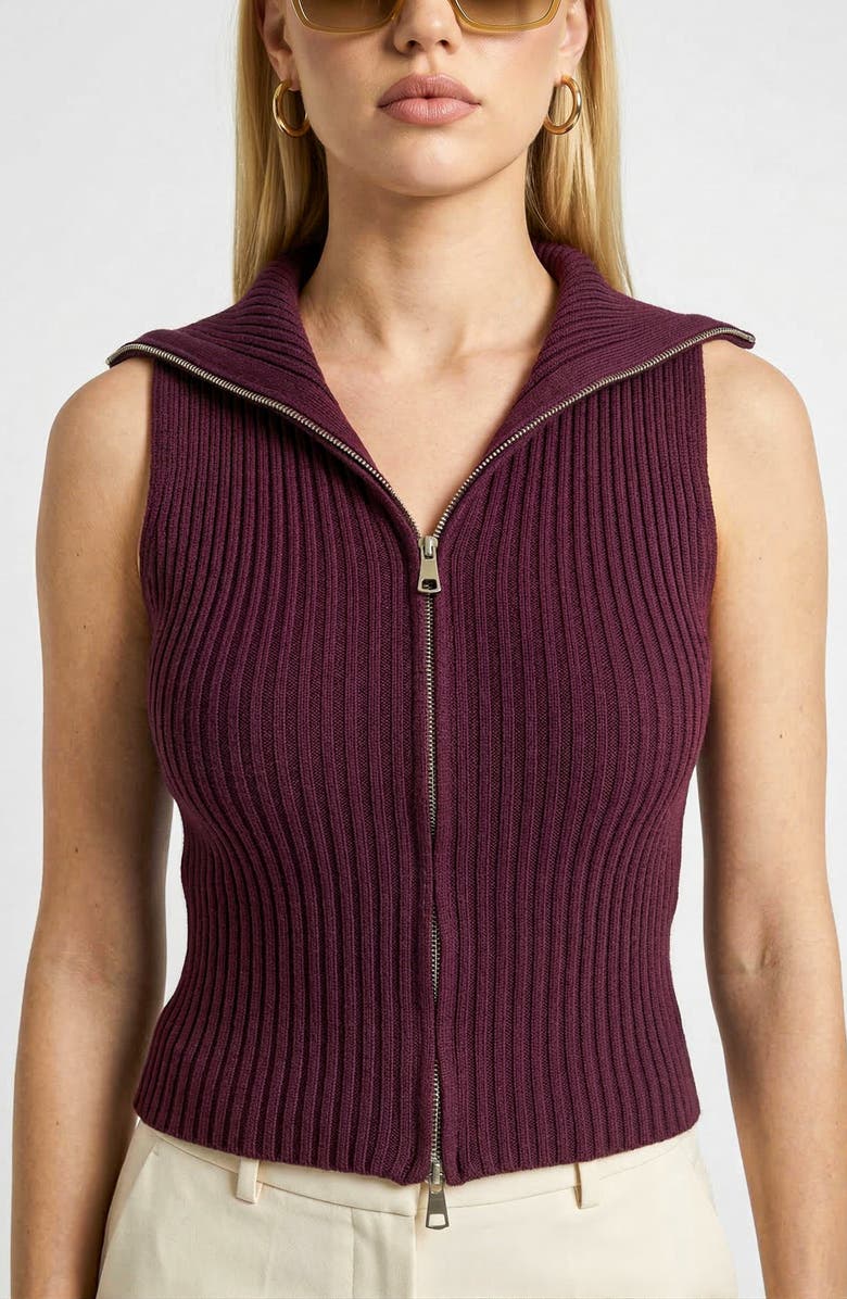 Knit & Lounge Sleeveless Sweater Vest with Zip Front and Ribbed Knit, Alternate, color, Dark Purple
