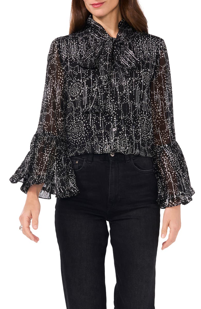 Vince Camuto Geo Print Flare Sleeve Button-Up Shirt, Main, color, Rich Black