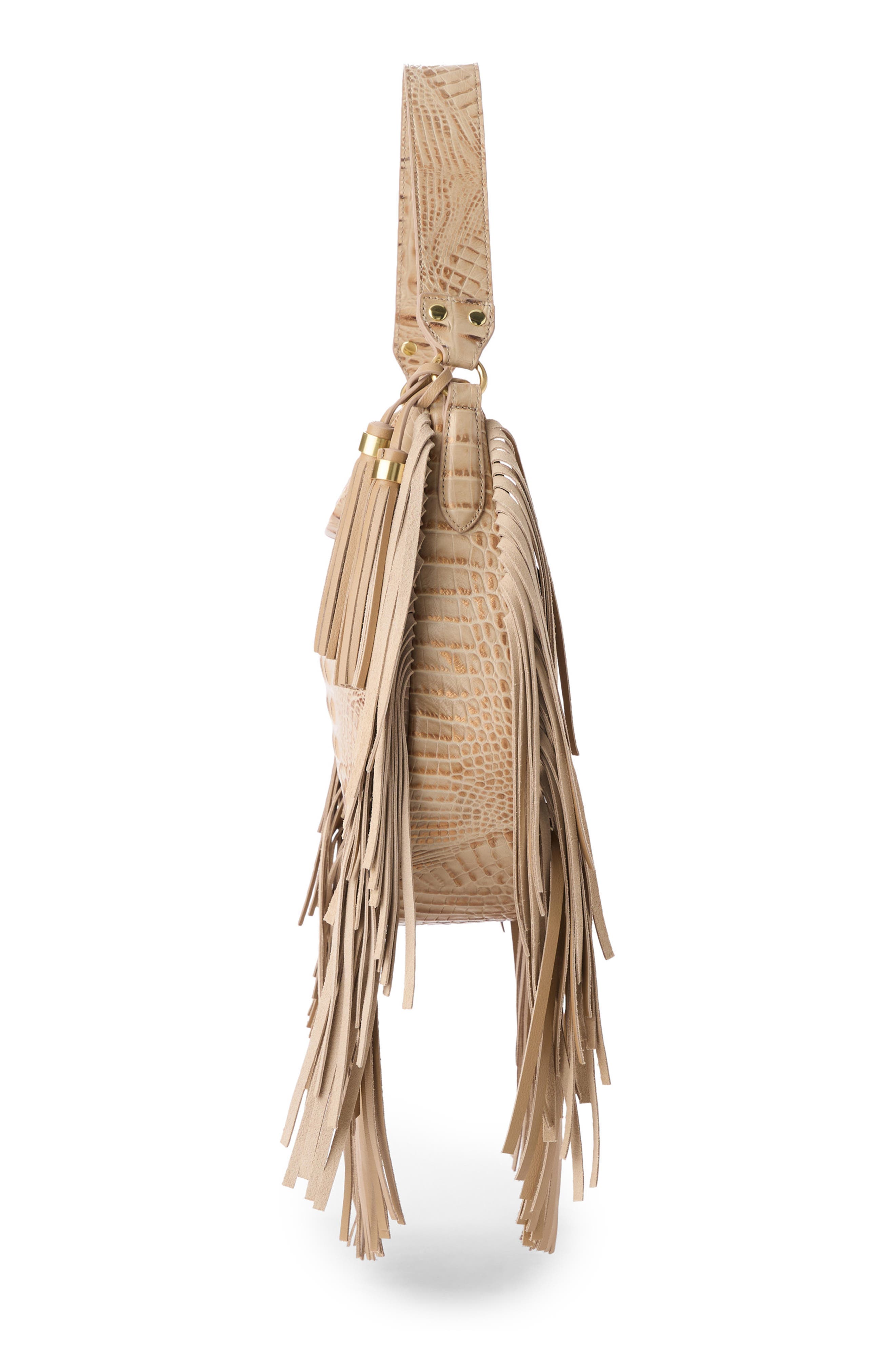 Brahmin Small Kathleen Fringe Croc Embossed Leather Shoulder Bag, Alternate, color, Sandstorm