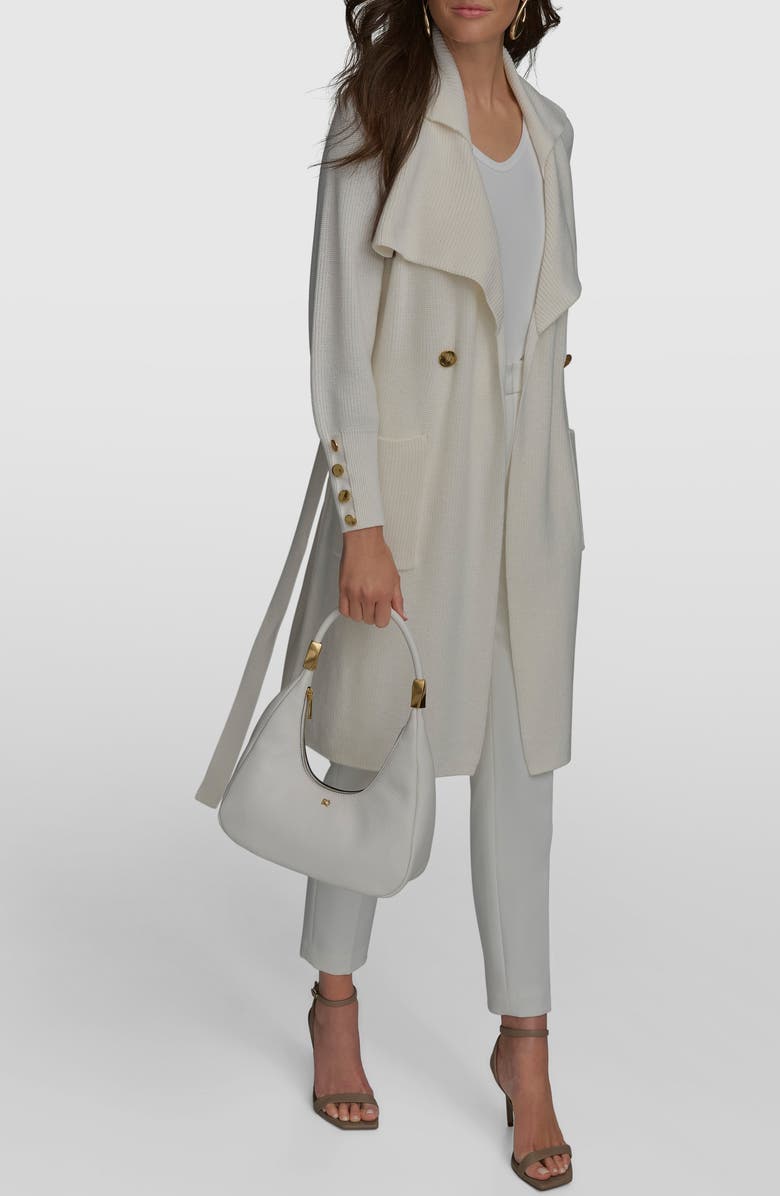 Donna Karan New York Tie Waist Double Breasted Cardigan, Alternate, color, Cream