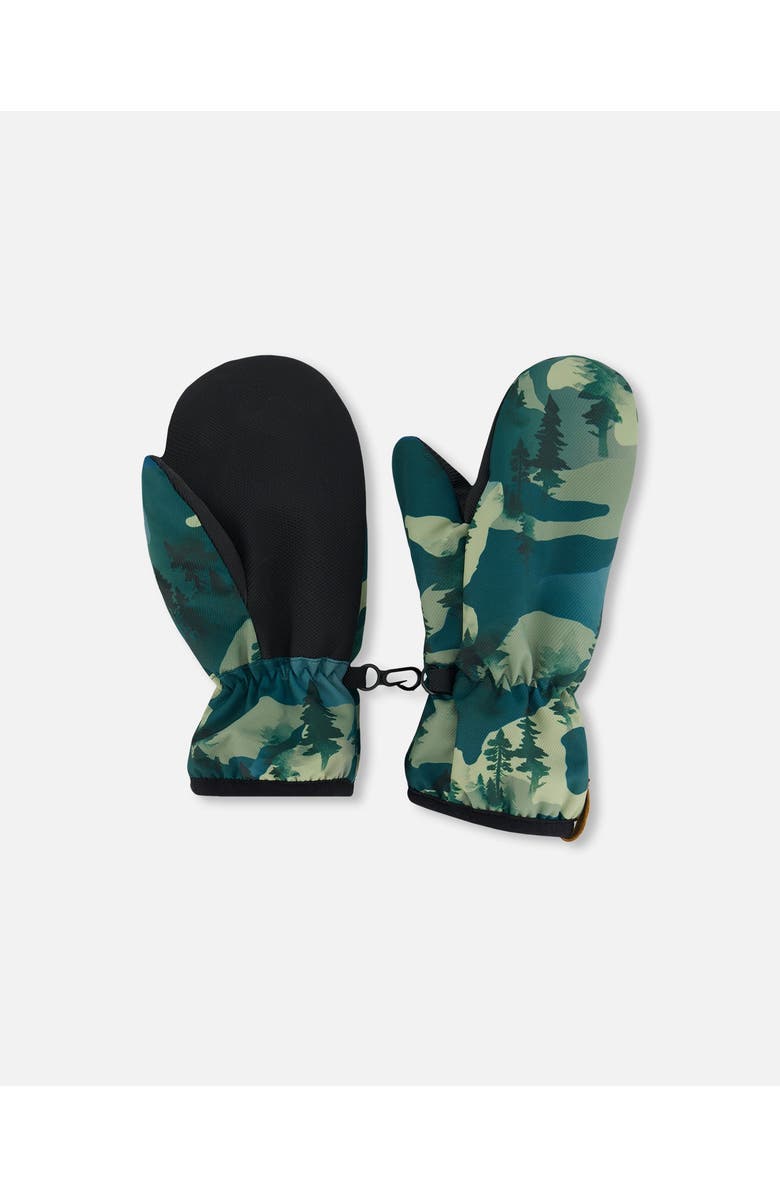 Deux par Deux Little Boy's Printed Mid-Season Mittens Forest Green With Black Pines, Main, color,