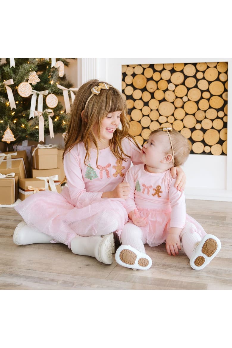 Gingerbread Embroidered Christmas Long Sleeve Tutu Bodysuit, Alternate, color, Pink