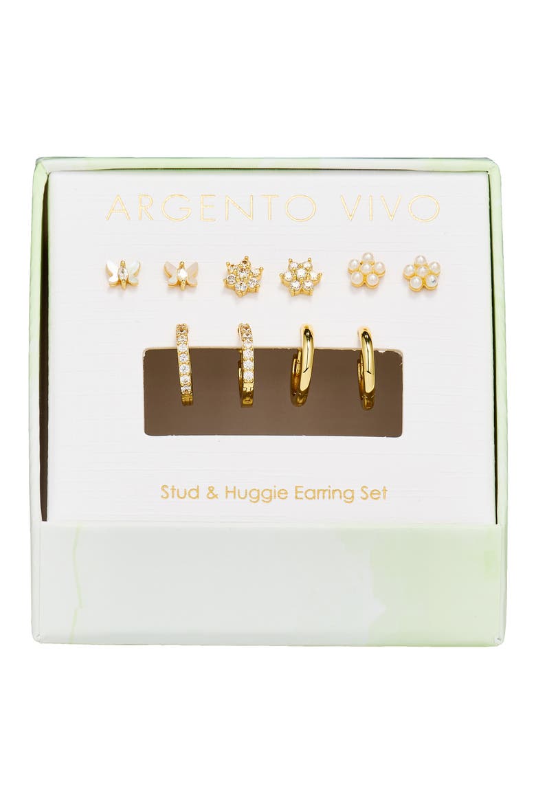 Pearl Flower Stud & Hoop Earrings Set, Main, color, GOLD