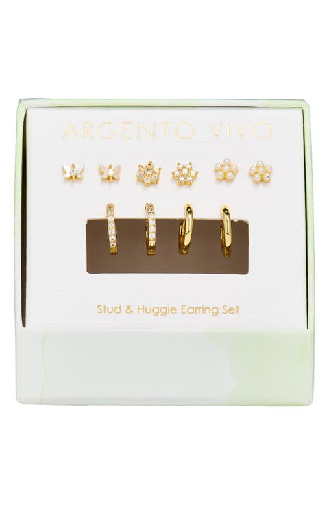 Pearl Flower Stud & Hoop Earrings Set