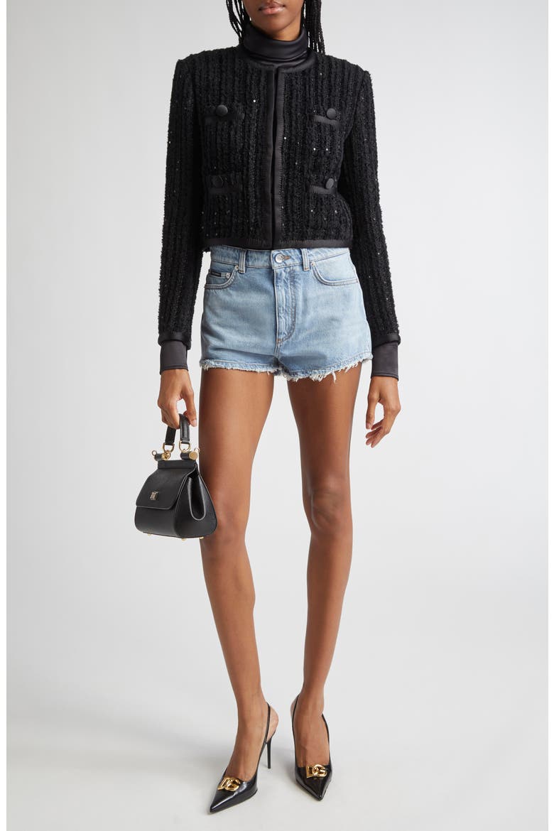 Frayed Hem Denim Shorts, Alternate, color, S9001 BLUE