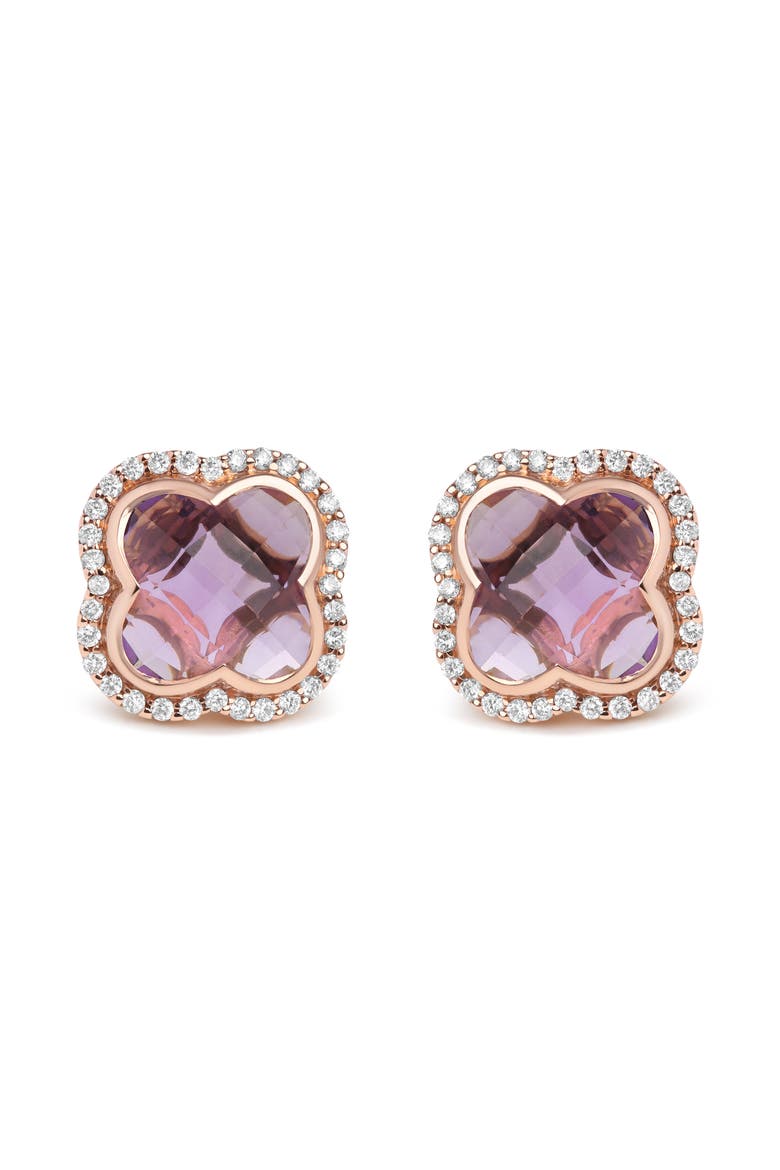 18K Rose Gold 3/8 Cttw Diamond & Amethyst Gemstone Clover Halo Stud Earrings, Main, color, Pink