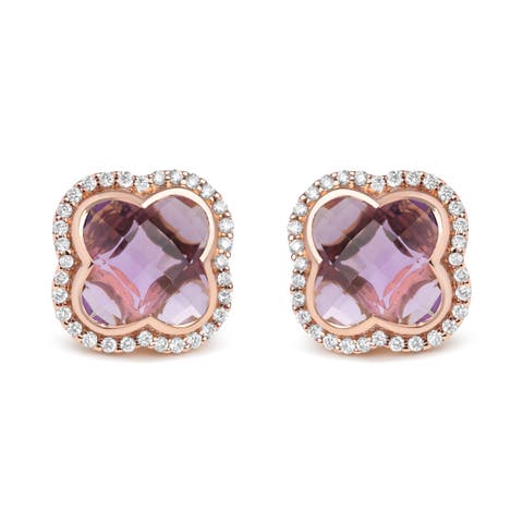 18K Rose Gold 3/8 Cttw Diamond & Amethyst Gemstone Clover Halo Stud Earrings