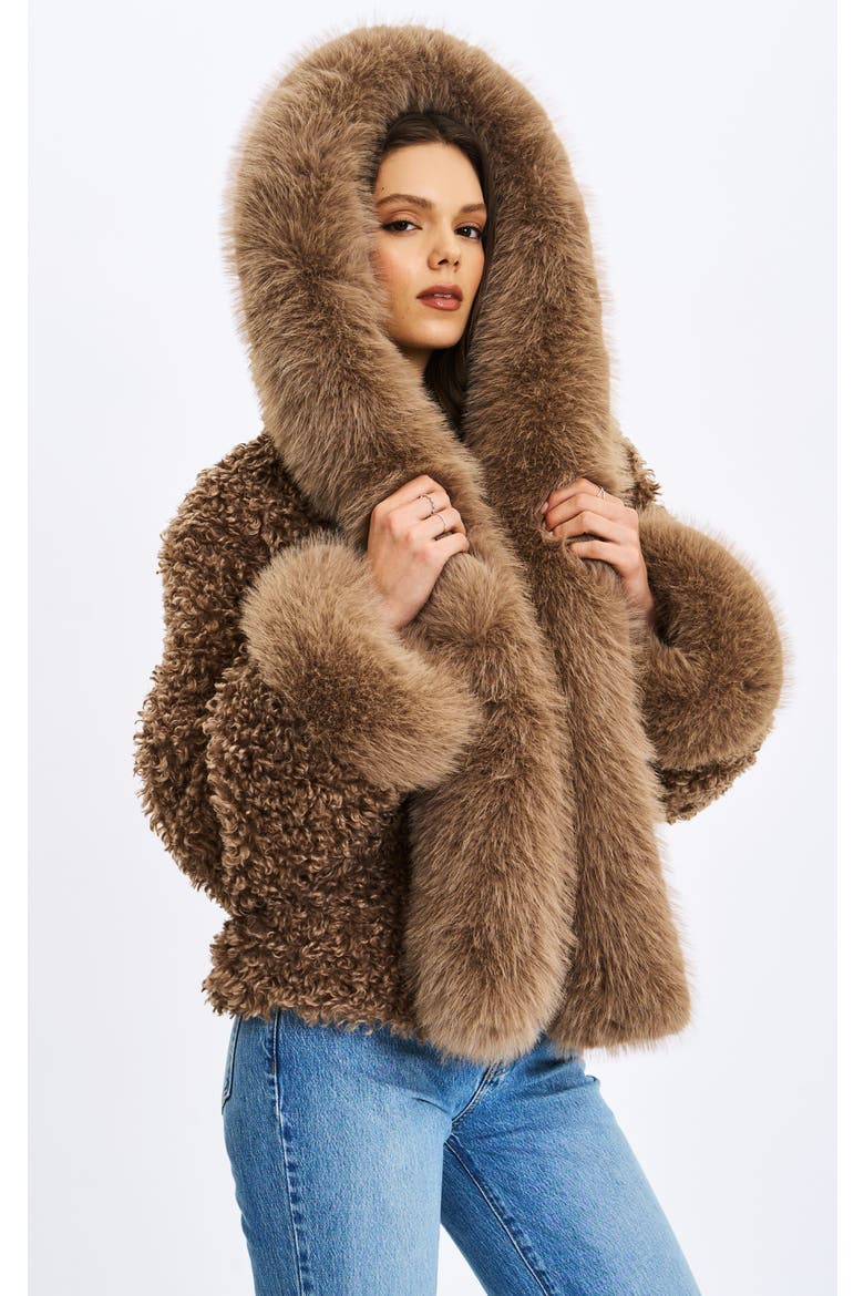 Faux Shearling Fur Jumbo Kali Hooded Coat, Main, color, Brown