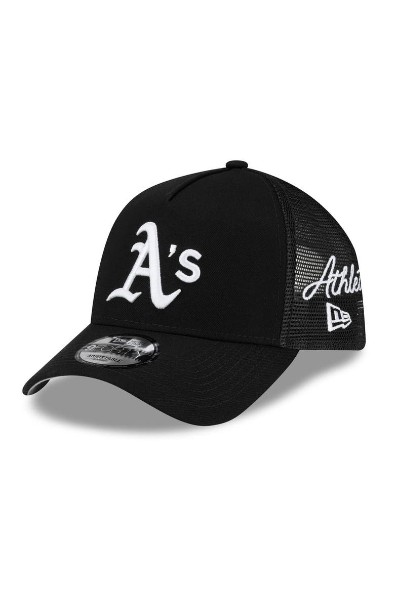 Men's New Era Black Athletics Side Script 9FORTY A-Frame Trucker Adjustable Hat, Main, color, Black