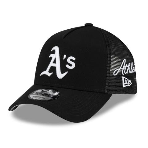 Men's New Era Black Athletics Side Script 9FORTY A-Frame Trucker Adjustable Hat