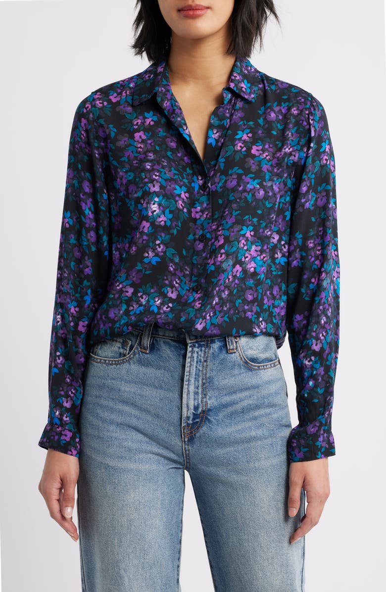 Cloth & Stone Floral Button-Up Shirt, Main, color, Black/ Evening Emerald