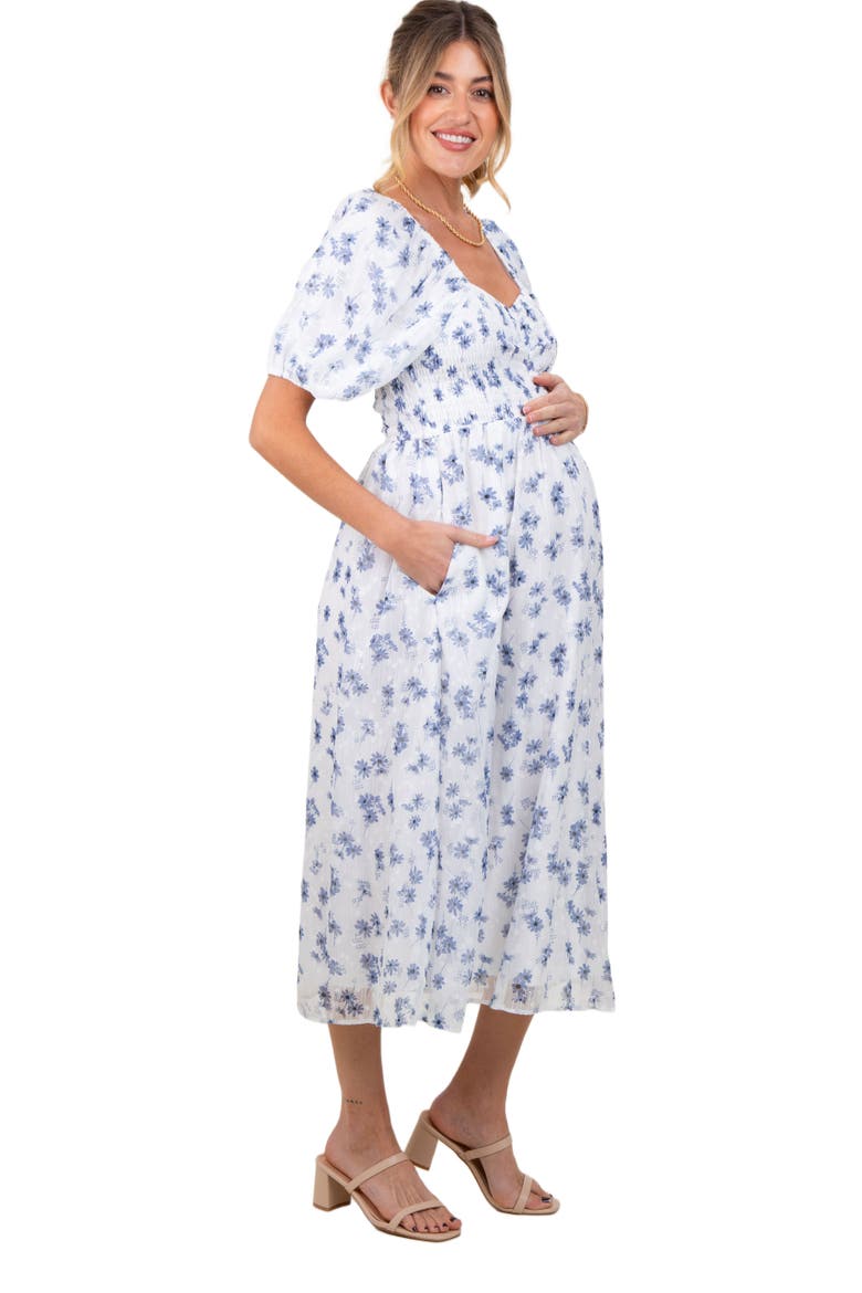 Floral Smocked Bodice Midi Dress, Alternate, color, Blue