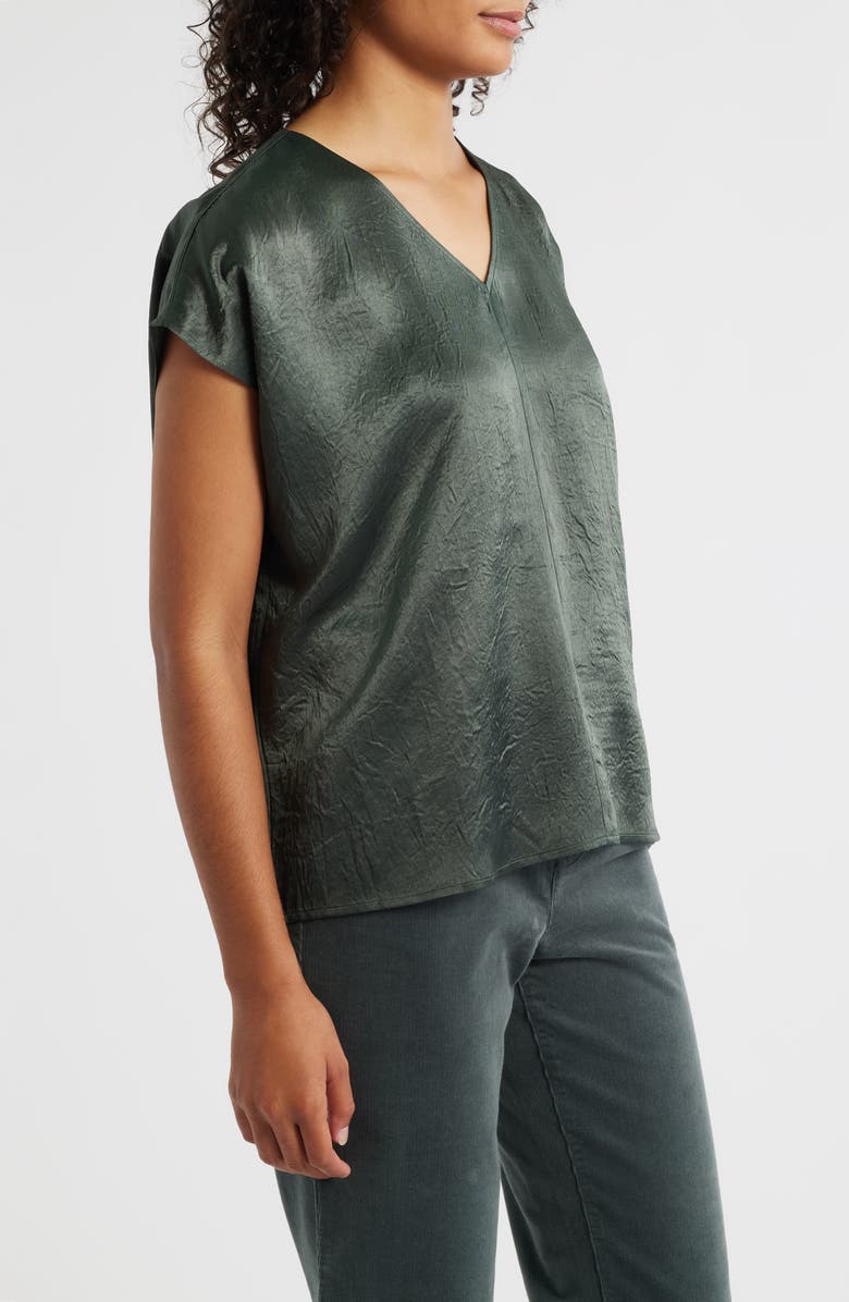 Eileen Fisher V-Neck Square Satin Top, Alternate, color, Everglade